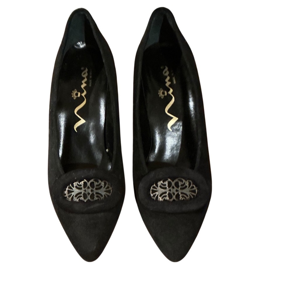 Nina Black Suede Pointed Toe Pumps Silver Filigree Size 6M Made in Spain